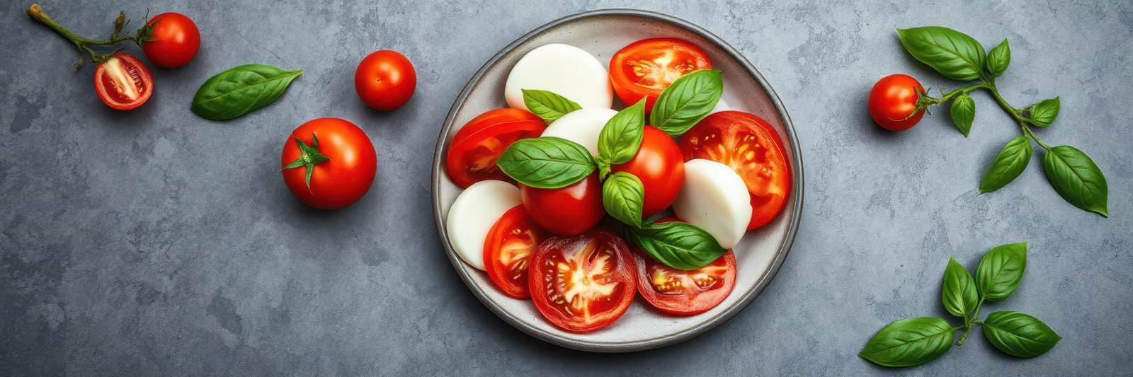 Fresh tomatoes and mozzarella arranged on a gray plate with basil leaves creating a vibrant food display